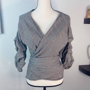 NWT Zara Plaid Wrap Top with Puff Sleeves